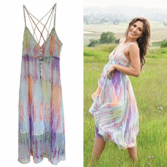Free People Dresses & Skirts - FREE PEOPLE Rainbow Sea Gypsy Chiffon Dress Size S Fairy Boho Hippie